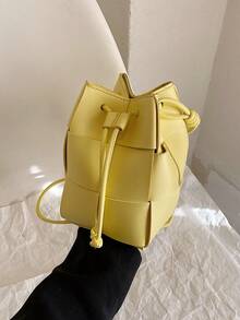 Mini Casual Woven Crossbody Bag, Small Shoulder Bag, Drawstring Bucket Bag, Solid Color PU - Yellow - View 6