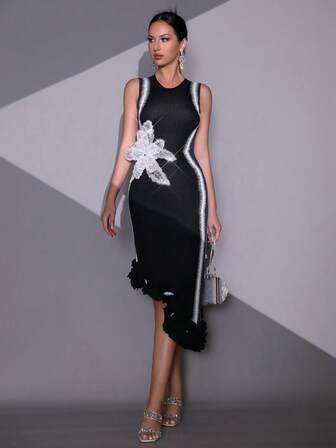 Modphy Vestido de verão novo, com estampa assimétrica de flores 3D e babados, de malha, slim, sem mangas, floral, para festa, aniversário, roupa feminina, vestido de baile