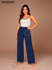 Women's Tailored Trousers High Waist Wide Leg Pants With Belt Casual Elegant - 藏蓝色 - 查看 7