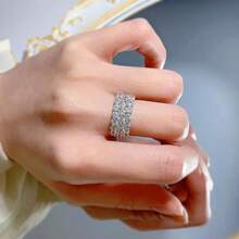 SHE IN Cubic Zirconia Three Row Eternity Ring For Women Round Cut CZ Sterling Silver Wide Wedding Bands Rings For Her