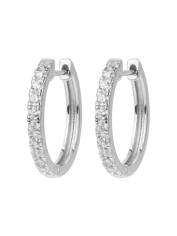 1 Pair Niche Design High-End 925 Sterling Silver Zirconia Ear Studs, Classic Round Hoop Earrings, Versatile Casual & Work Wear For Women