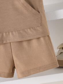 2pcs/Set Infant New York Embossed Comfy Hooded Tank Top And Shorts Set With Pockets, Suitable For Children Outdoor Clothing, Summer
