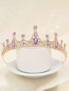 1件女孩水晶手工皇冠头饰，花童发饰，公主生日皇冠 - 紫色 - 查看 6
