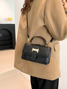 2024 Autumn Crocodile-Patterned Fashionable Women Handbag Shoulder Bag Solid Color Cross Body Small Square BagSuitable For Shopping, Wallet, Shopping, Young Women, College Students, Newcomers, White-Collar Workers. Very Suitable For Office, College, Work, Business, Commuting, Outdoor Activities, Travel And Outings - Black - View 6