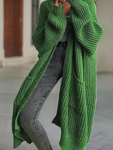 Casual Solid Color Drop Shoulder Loose Long Cardigan, Autumn/Winter