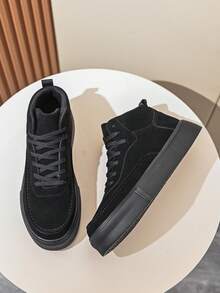Men's Retro Classic Black High Top Flat Casual Sneakers, Comfortable Stylish High Street Fashion Skateboard Shoes - Black - View 2