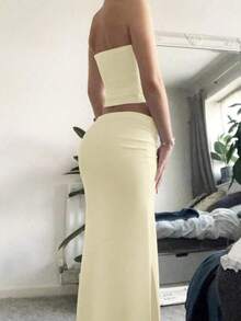 2件套时尚年轻女士性感甜美可爱毕业装，奶油黄色，毕业季，合身 - 杏色 - 查看 5