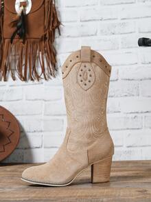 Women's Vintage Rivet Totem Embroidery Chunky Heel Western Boots, Suede 6.5cm High Heel Mid-Calf Boots, Fashionable Women Winter Boots - Apricot - View 6