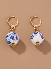 1 Pair Vintage Handpainted Blue And White Porcelain Beaded Earrings, Elegant Dangle Earrings For Women
