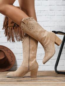 Women's Vintage Rivet Totem Embroidery Chunky Heel Western Boots, Suede 6.5cm High Heel Mid-Calf Boots, Fashionable Women Winter Boots - Apricot - View 2