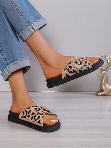 Women's Thick Sole Slippers, Punk Buckle Design, Suitable For Indoor, Outdoor & Beach - LEOPARD - View 2
