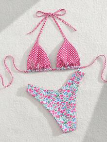 PEPPERMOLLY 女士性感碎花吊带系带两件式比基尼泳衣套装，夏季海滩 - 彩色 - 查看 2