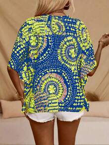 Plus Women's Bat Sleeve Printed V-Neck Blouse - Blue - View 3