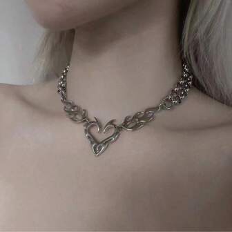 1pc Punk Silver Hollow Flame Heart Shaped Pendant, Women Hip Hop Jewelry Gift For Daily Wear