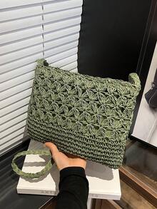 夏季时尚百搭休闲手工编织大容量单肩沙滩草编斜挎包，最热沙滩包 - 綠色 - 查看 2
