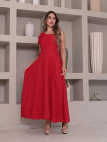 Victoria Luxury Duna Linen Midi Dress With One Shoulder Bow - Red - View 1