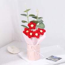 1 set de ramo de flores artificiales hechas a mano con balde de plástico, papel de envolver, flores de ganchillo, adecuado para regalos para mamá, amigos o regalos de aniversario, regalos del día de la madre, regalos del día de San Valentín, regalos de cumpleaños, decoración del hogar.