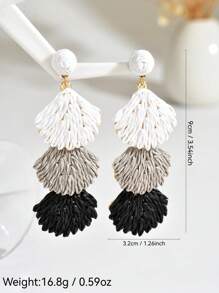 OOQ 1 Pair Handmade Bohemian Style Woven Raffia Shell Tassel Dangle Long Earrings, Unique Geometric Design, Suitable For Beach Vacations, Festivals, Parties, Weddings, Mother's Day, Valentine's Day