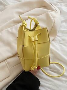 Mini Casual Woven Crossbody Bag, Small Shoulder Bag, Drawstring Bucket Bag, Solid Color PU - Yellow - View 7