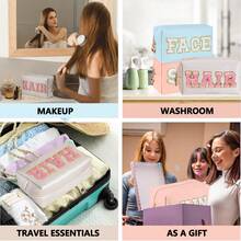 女士学院风化妆包旅行盥洗包雪尼尔字母化妆包 PU 皮革防水袋可爱拉链收纳包皮肤、头发和面部化妆包化妆品收纳包化妆品收纳