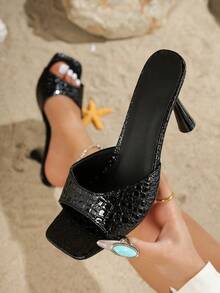 2025 Wiosna/Lato Nowe Damskie Sandały Plażowe Na Wysokim Obcasie Szpilki Peep Toe Z Kamiennym Nadrukiem, Duży Rozmiar Jakość Eksportowa