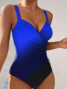 New European And American Style Women Digital Print Cross-Tied One-Piece Swimsuit, Sexy And Slimming - Royal Blue - View 3
