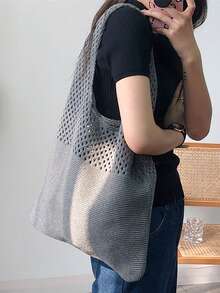 返校季，女士大背包，女士针织钩针包，夏季沙滩手提包，唯美手提包，嬉皮手提包，针织包，时尚必备：女士钩针手提包，镂空手提包，沙滩旅行单肩包，可折叠大容量购物袋，摇摆沙色设计的学生背包，适合学生和游客户外活动、旅行和购物的完美礼物 - 灰色 - 查看 9