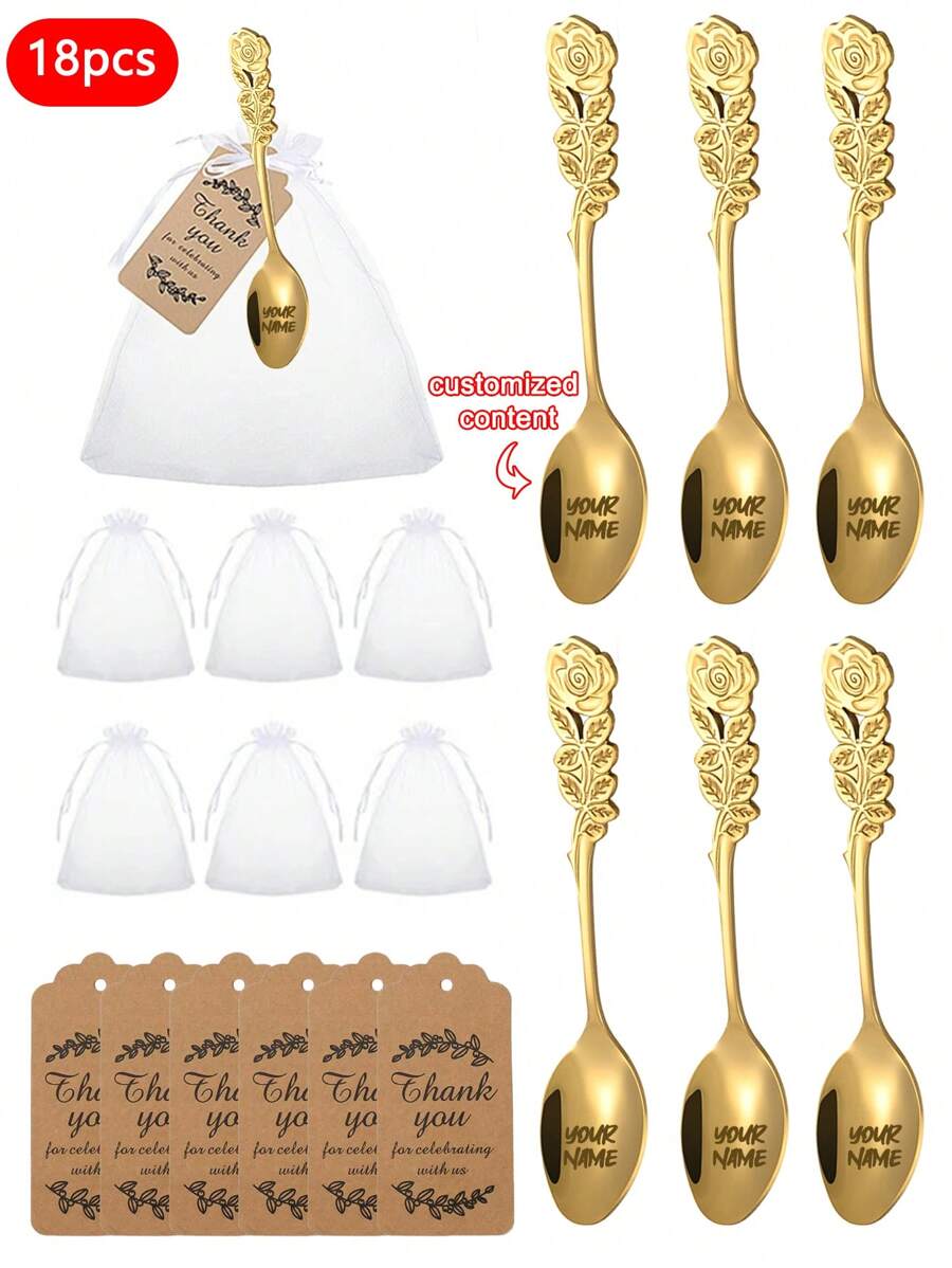 Set regalo personalizzato da 18 pezzi di cucchiaini per tè alla rosa, inclusi biglietti, cucchiaini e buste di rete per il trasporto, stoviglie personalizzabili con nome, regali per desktop di hotel e matrimoni, adatti per matrimoni, compleanni e feste di laurea, consigliati per l'uso domestico e nei ristoranti