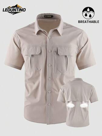 LEDUNTINO [Primavera/Verão] Camisa Casual de Carga Casual Masculina, Estilo Esportivo, Cor Verde Sólida, Ótimo Presente para Marido/Namorado, Camisa Masculina de Manga Curta com Lapela, Botão e Design de Bolso com Zíper, Roupa de Primavera/Verão para Homens