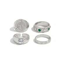 4-Piece Set Asymmetrical Diamond Decor Vintage Geometric Design Fashion Rings