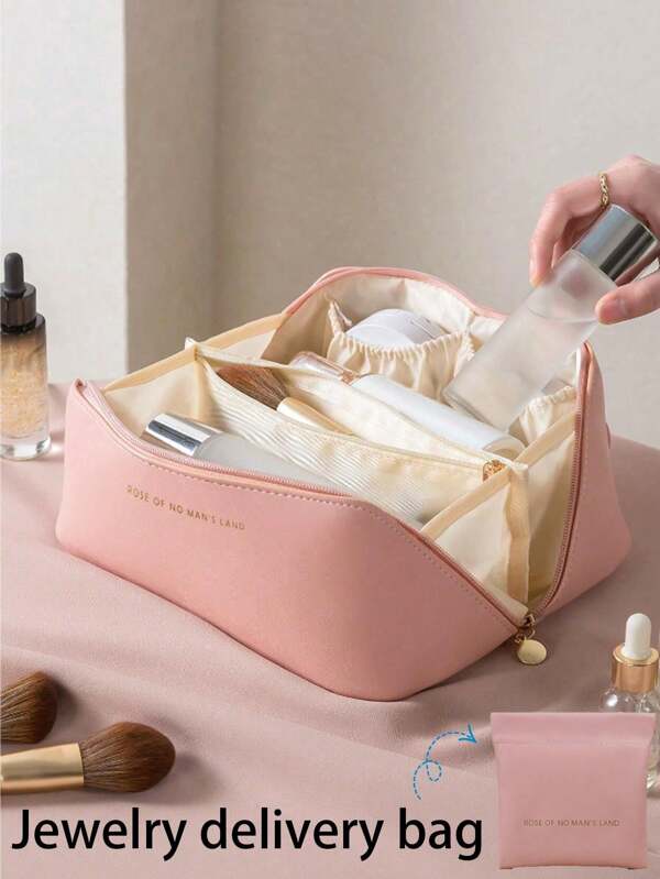 1pc Summer Travel Makeup Bag, Portable Waterproof Toiletry Organizer, Large Capacity Storage, Foldable Handbag, Makeup Cosmetic Case, Multifunctional Pouch, Compartment Design, PU Leather Waterproof, For Cosmetics, Shaver, Personal Care Items, Suitable For College Dorm Students, Men, Women, Perfect Gift For Girls Lipstick, Skincare, Phone, Coins, Small Items, Home, Holiday, Halloween, Christmas, Bohemian Style Makeup Organizer Bathroom Accessories Back To School