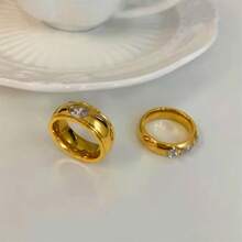 VKHK 1pc 18K Gold Plated Stainless Steel Cubic Zirconia Decorative Single Ring Suitable For Women, Daily Wear And Weddings, Gift