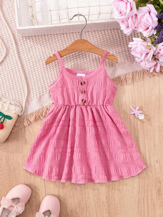 1pc Girls' Casual Solid Color Buttons Decor Suspenders Dress, Cute Holiday Party Gift, Summer
