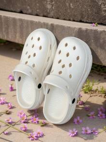 4-Season Women's Breathable Hollow Hole Slippers, EVA Material, Lightweight, Soft & Bouncy, Anti-Slip Bathroom Slides, Comfortable Sole, Fashionable Cartoon DIY Decor, Unisex Sandals And Slippers - White - View 2