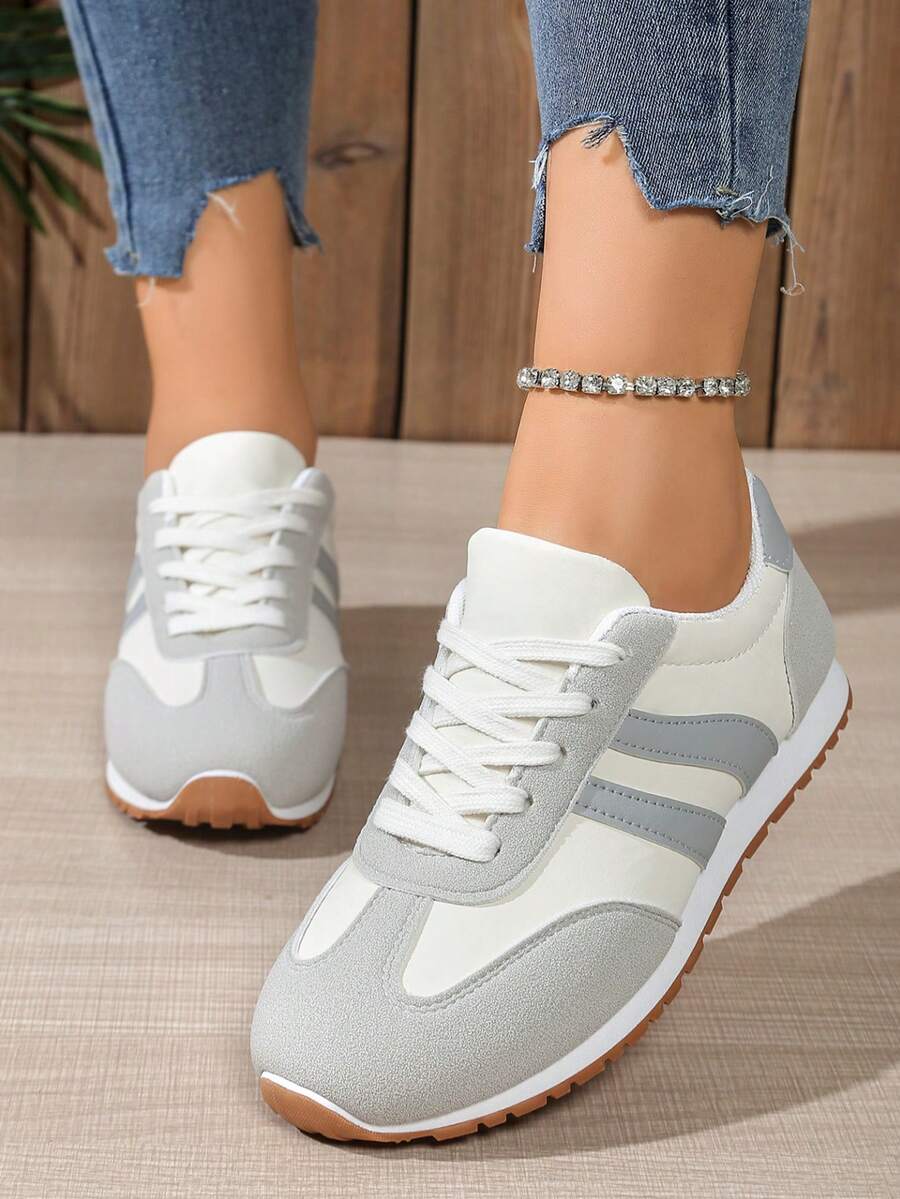 (The Size Runs One Size Small)Women'S Casual Striped Low-Top Sneakers - Lightweight Breathable Fabric Upper, Durable Rubber Sole, Lace-Up Closure, All-Season Comfort For Casual Attire, Ladies Sneakers, Everyday Footwear, Classic Stripe Design, Comfortable Footwear - Grey - View 1