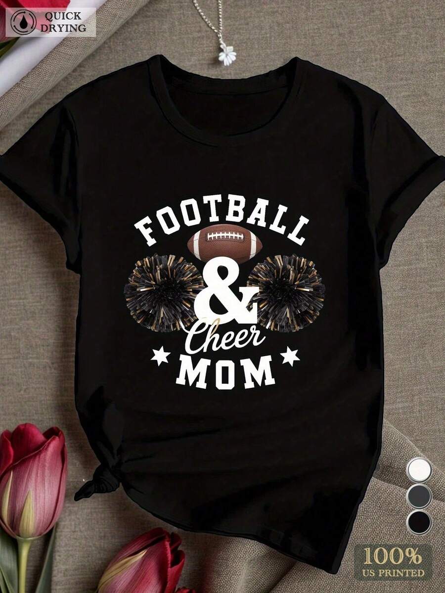 Football Cheer Mom" Women's Comfit T-Shirt – Casual Crew Neck, Short Sleeve, Comfortable Fit, Perfect for Football Season and Cheerleading Supporters