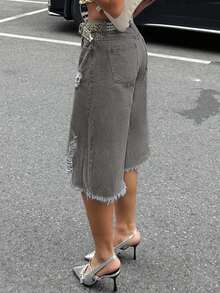 Women's Distressed Asymmetrical Hem Denim Capri Shorts - Grey - View 6