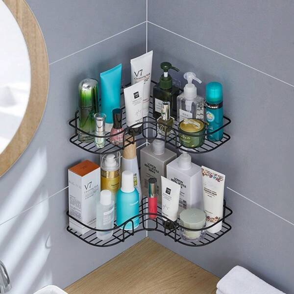 1pc Iron Triangular Wall-Mounted Bathroom Corner Storage Rack, No Drilling Required