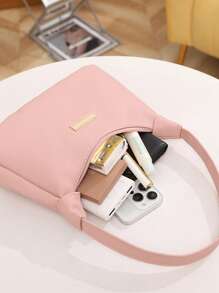 Bolso de mujer de grano de lichi PU, bolso de hombro de moda para mujer, bolso de mano de unicolor con cierre de cremallera y muñequera, forro de poliéster, versátil bolso de almohada para debajo del brazo - Disponible en blanco, negro, rosa, caqui, marrón