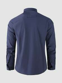 LEDUNTINO [Spring/Summer] Men's Fashion Button Casual Outdoor Shirt, Solid Green, Sports, Cargo, Husband, Boyfriend Gift, Men's Long Sleeve Shirt, Multi-Pocket, Elastic, Lapel Shirt With Zipper Pocket, Spring/Fall Clothes - Blue - View 2