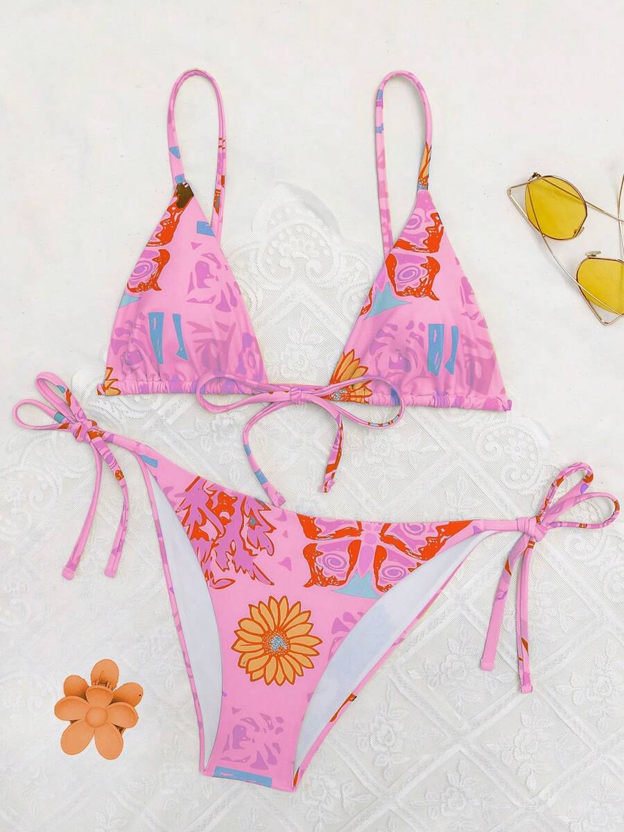 Multi-Color Butterfly Print 2pcs Bikini Set, For Summer Beach Vacation,Removable Swimwear Pads,Swimsuit,Summer Dresses For Women,Summer Clothes Women,Festival,Skirts,Ibiza Outfits,Swimwear Women,Bikini Set,Swimming Costume Women,Beach Wear Women,Holiday Co Ord,Beach Dress,Bikinis For Women Sets,Pink - Multicolor - View 1