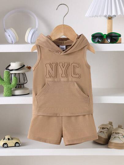 2pcs/Set Infant New York Embossed Comfy Hooded Tank Top And Shorts Set With Pockets, Suitable For Children Outdoor Clothing, Summer