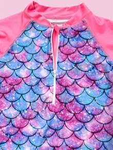 Traje de baño de una pieza rosa de moda para niñas y preadolescente con estampados en múltiples colores de escamas de tipo sirena especial para vacaciones verano playa piscinas - Multicolor - Ver 5