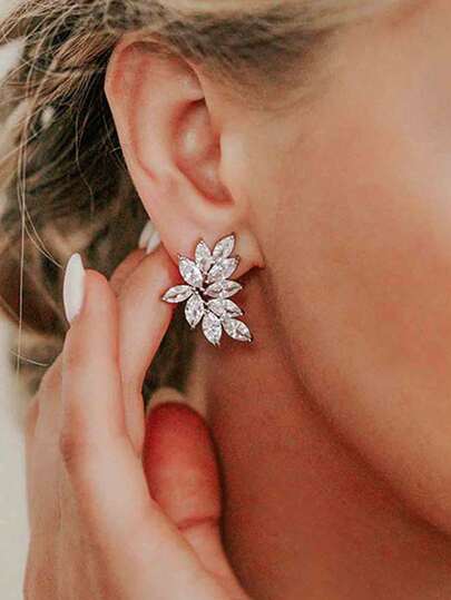 2pcs Symmetric Leaf Stud Earrings Women Cubic Zirconia Earrings Bridal Wedding Elegant Jewelry Gift For Birthday Anniversary Engagement