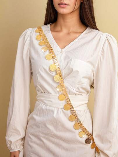 Gold Plated Luxury Turkish Coin Shaped Body Chain Necklace, Belly Chain Accessory For Middle Eastern Women, Suitable For Festival, Wedding, Party And Performance