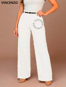 Women's Tailored Trousers High Waist Wide Leg Pants With Belt Casual Elegant - 白色 - 查看 4