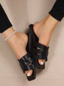 女士蛇皮压纹平底凉鞋，度假风格户外休闲夏季皮革平底凉鞋 - 黑色 - 查看 3