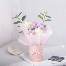 1 set de ramo de flores artificiales hechas a mano con balde de plástico, papel de envolver, flores de ganchillo, adecuado para regalos para mamá, amigos o regalos de aniversario, regalos del día de la madre, regalos del día de San Valentín, regalos de cumpleaños, decoración del hogar.