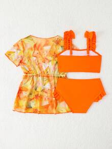 Komplet kąpielowy dla młodej dziewczyny w jednolitym kolorze z falbanką i krótkim kimonem z nadrukiem kwiatowym - Żółty - Zobacz 3