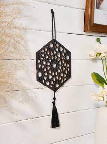 1 pieza Decoración colgante de forma de luna hueca hexagonal/octogonal de madera negra con borla negra, ornamentos colgantes creativos modernos de madera negra, disponible en varios estilos, adecuado para fiestas, decoración de pared, regalos decorativos, hogar, accesorios de arte